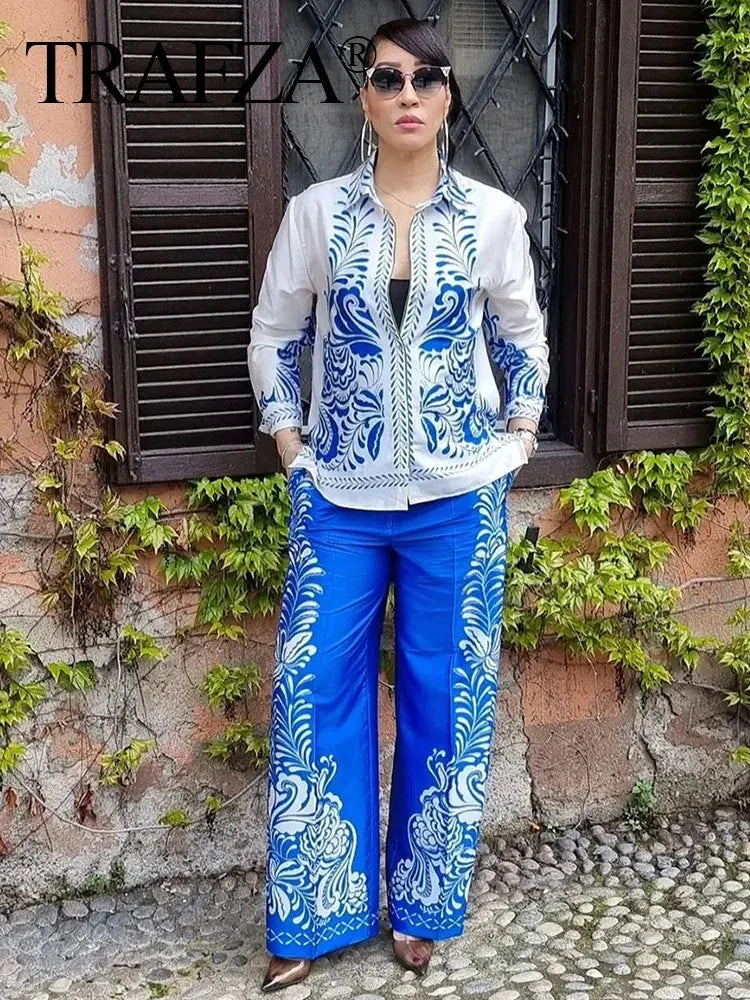 Women's Vintage Printed Casual Set with Long Sleeve Blouse and Straight Leg Pants