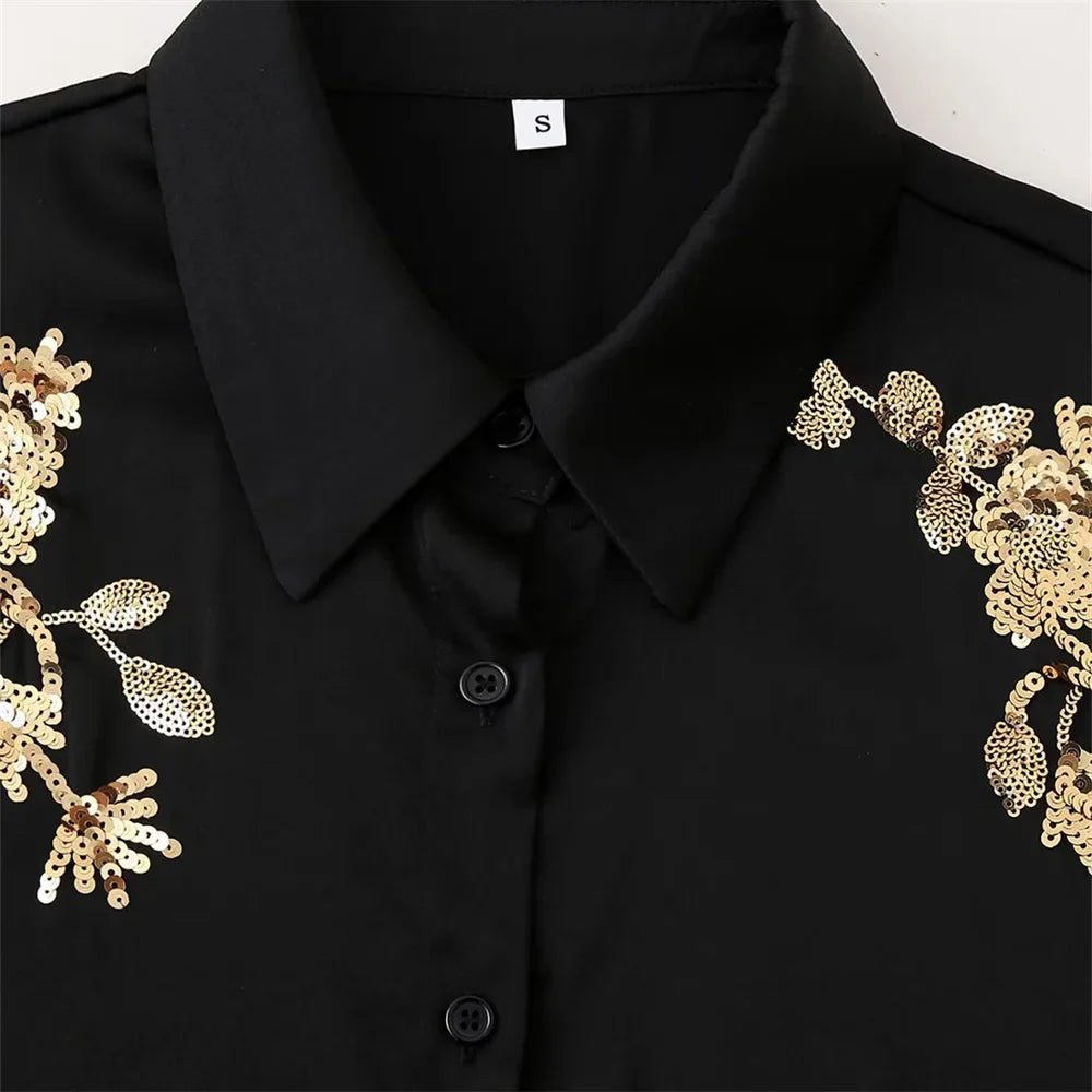 Women's Satin Texture Sequin Embroidered Shirt and High Waist Long Pants Set