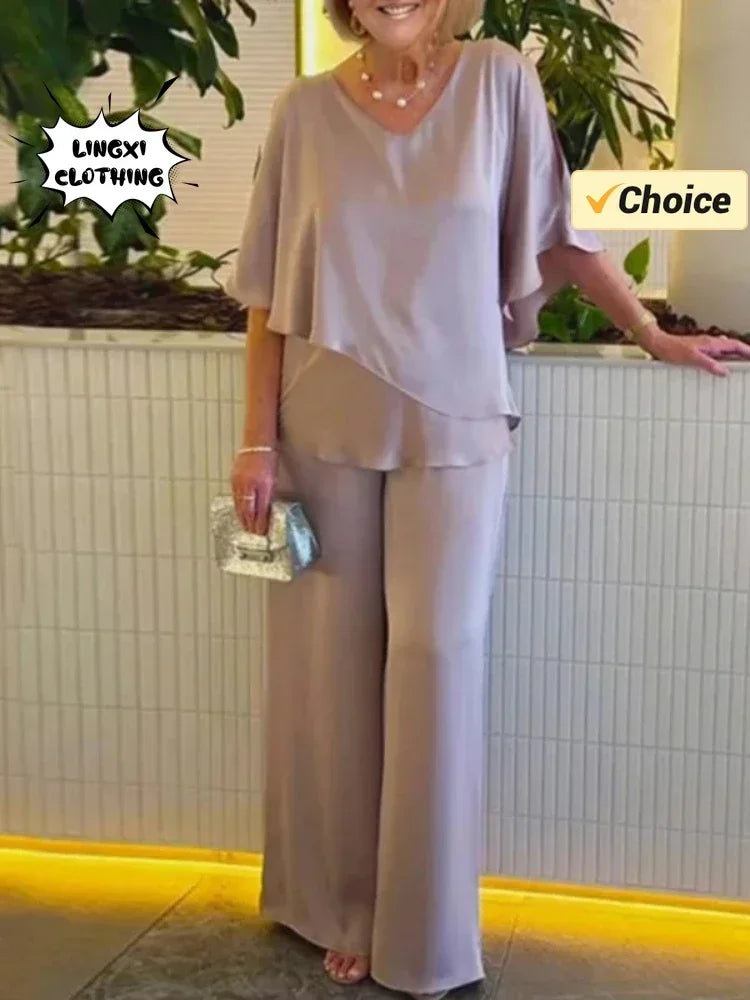 Elegant Women's Summer Two Piece Set with V-Neck Irregular Top and High Waist Wide Leg Pants in Solid Color