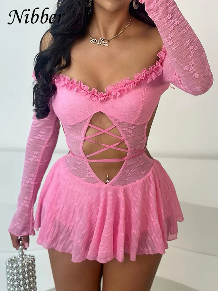 Backless Bandage Dress Hollow Neck Lace Mini Bodycon