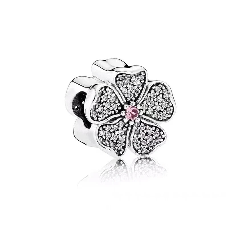 Sparkling Pink Cherry Blossom Daisy Charm Beads for 925 Silver Bracelet DIY Women's Jewelry Gifts