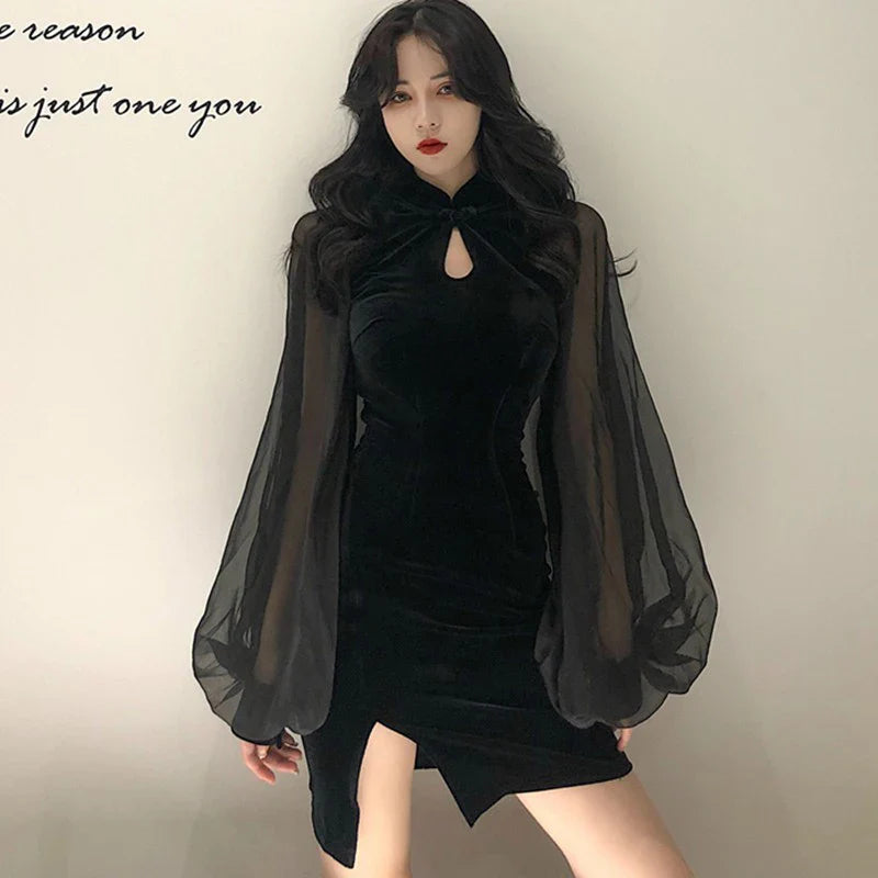 Velvet Qipao Dress With Lantern Sleeves Side Split Mini