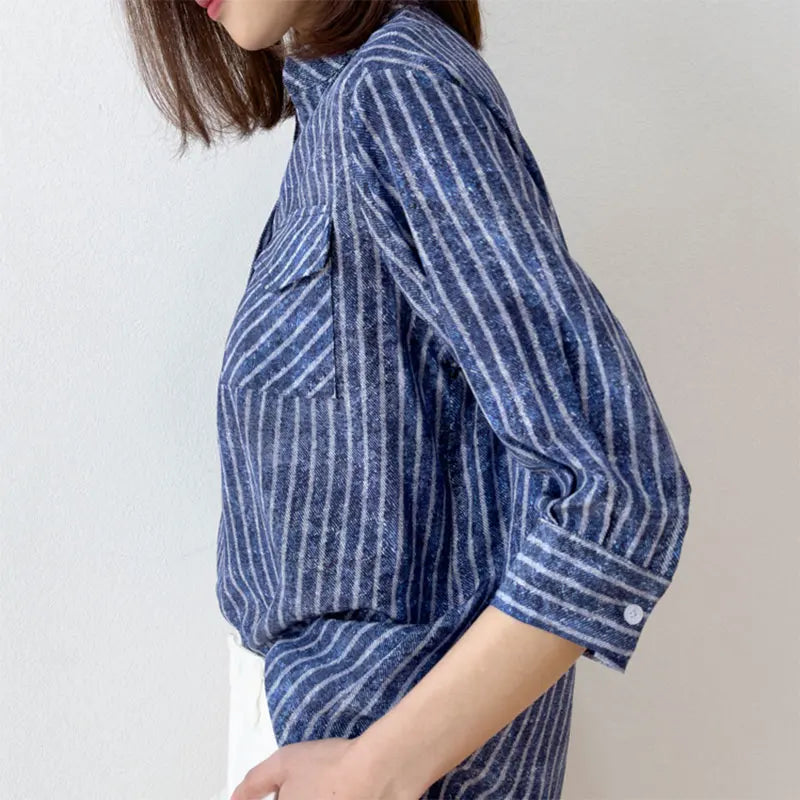 Women 100 Percent Mulberry Crepe Silk Shirt Blue Jeans Stripe Printed Three Quarter Sleeve Pullover Blouse Elegant Office Top in M L XL