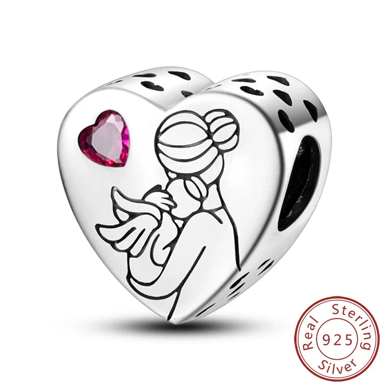 925 Sterling Silver Love Heart Family Charm Bead Pendant for Women's Bracelet Jewelry Gift