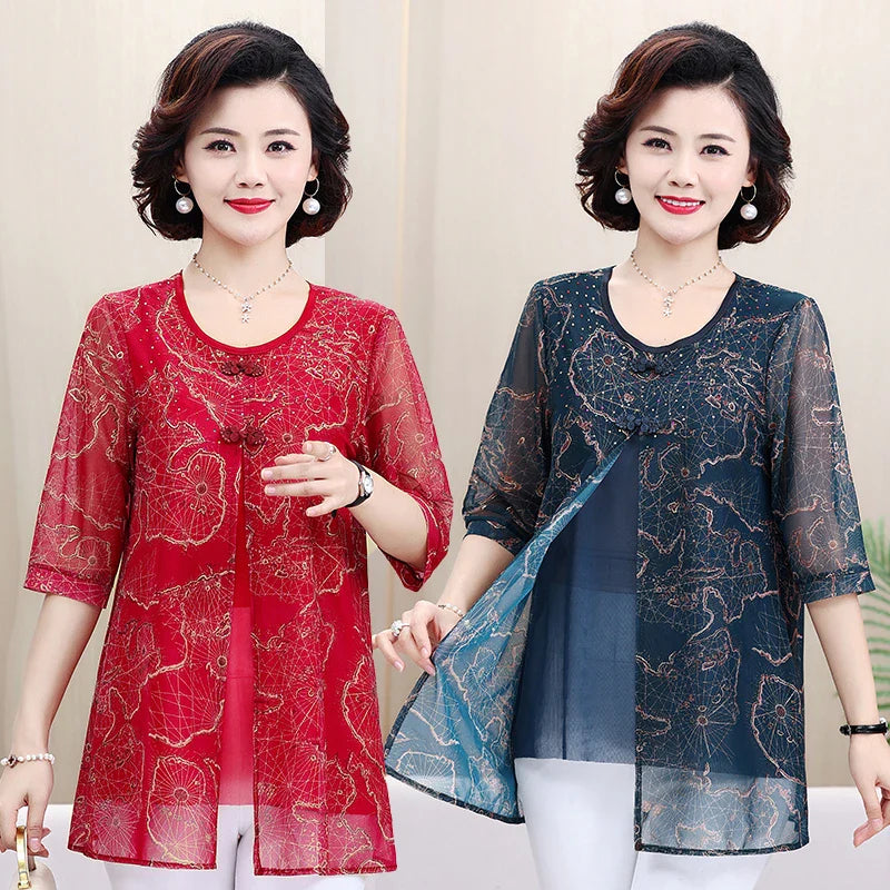 Vintage Floral Print Chiffon Half Sleeve T-Shirt with Spliced Fake Two-Piece Design and Round Neck Casual Summer Top for Women