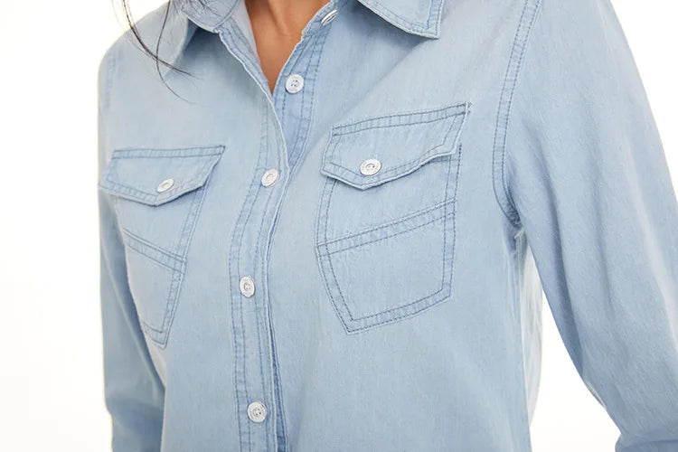 Light Blue Slim Fit Cotton Denim Shirt for Women Long Sleeve Casual Thin Jeans Blouse Top