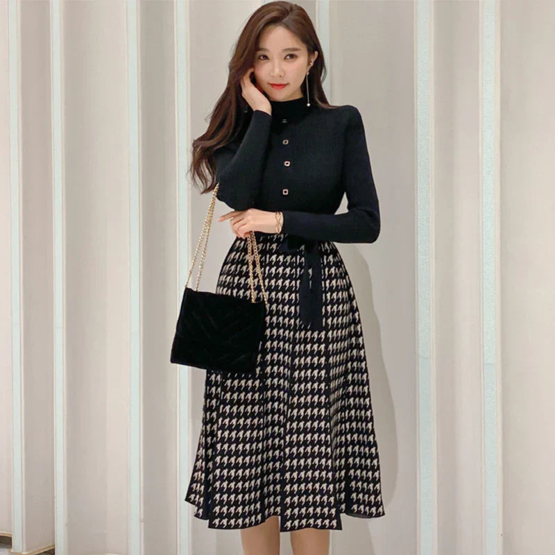 Winter Houndstooth Knit Dress Color Block Office Wear