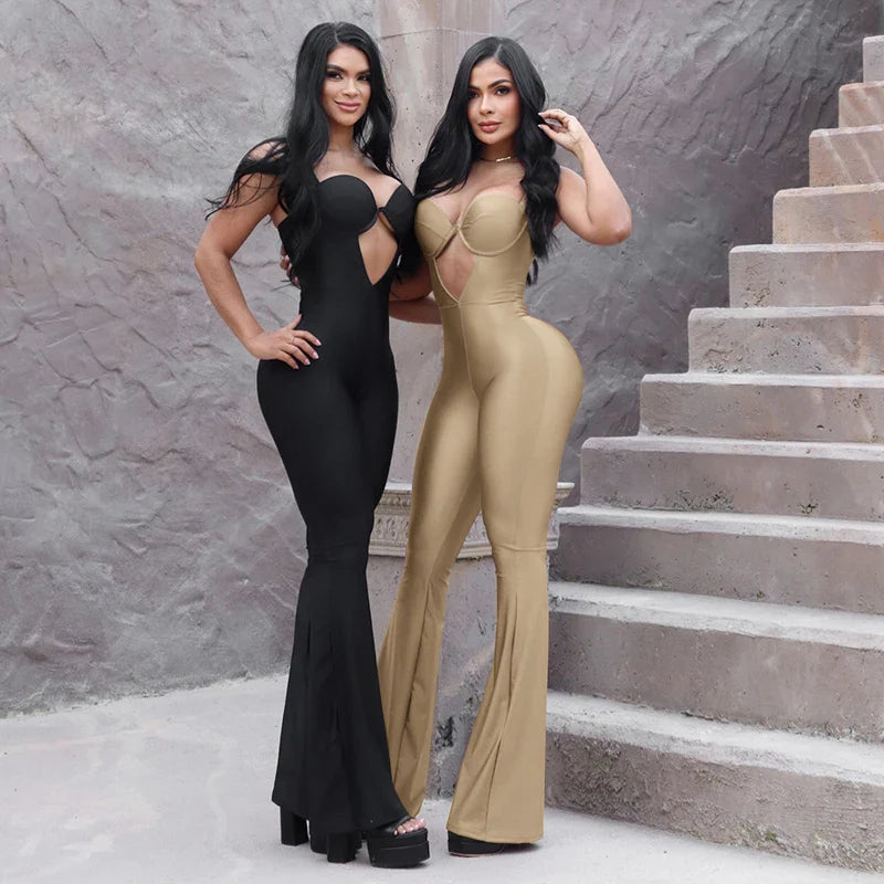 V-Neck Strapless Hollow Out One-Piece Jumpsuit Tight Fit Sporty Fitness Bodysuit for Buttock and Abdomen Lifting