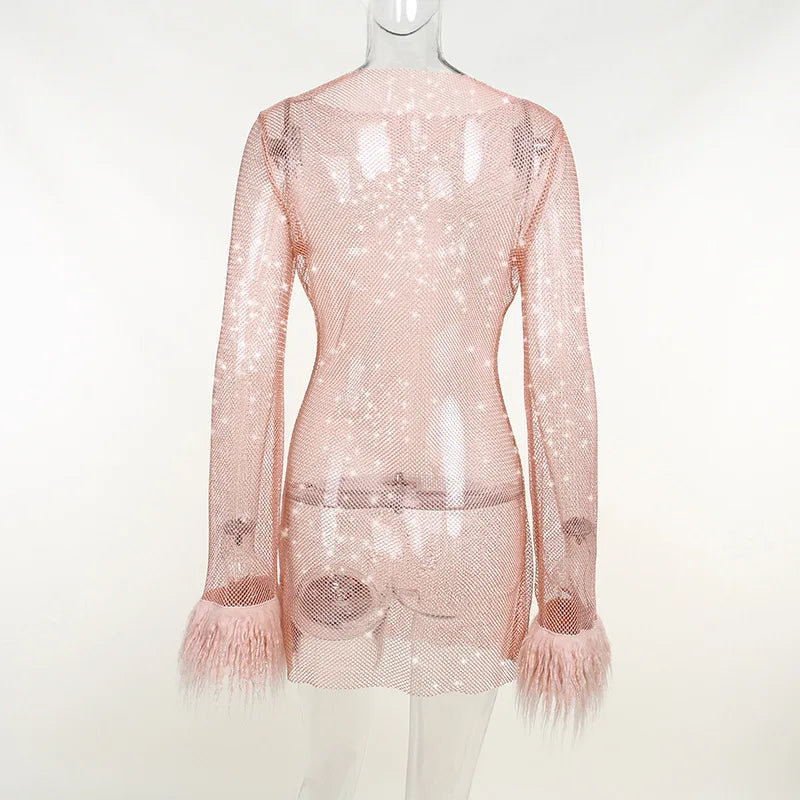 Black Mesh Bodycon Dress Long Sleeve Women Clubwear