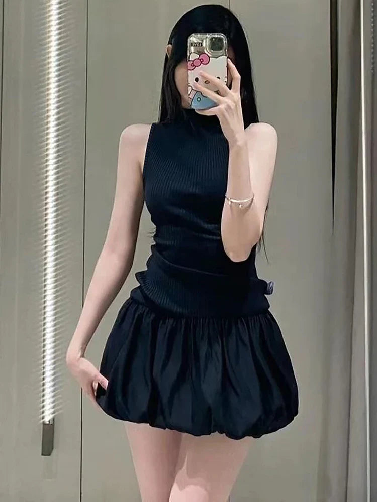 Ribbed Sleeveless Patchwork Bubble Backless Minidress