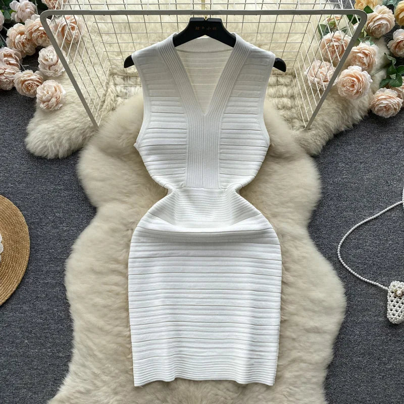White Knit Tank Dress V Neck Sleeveless Bodycon Wrap Dress