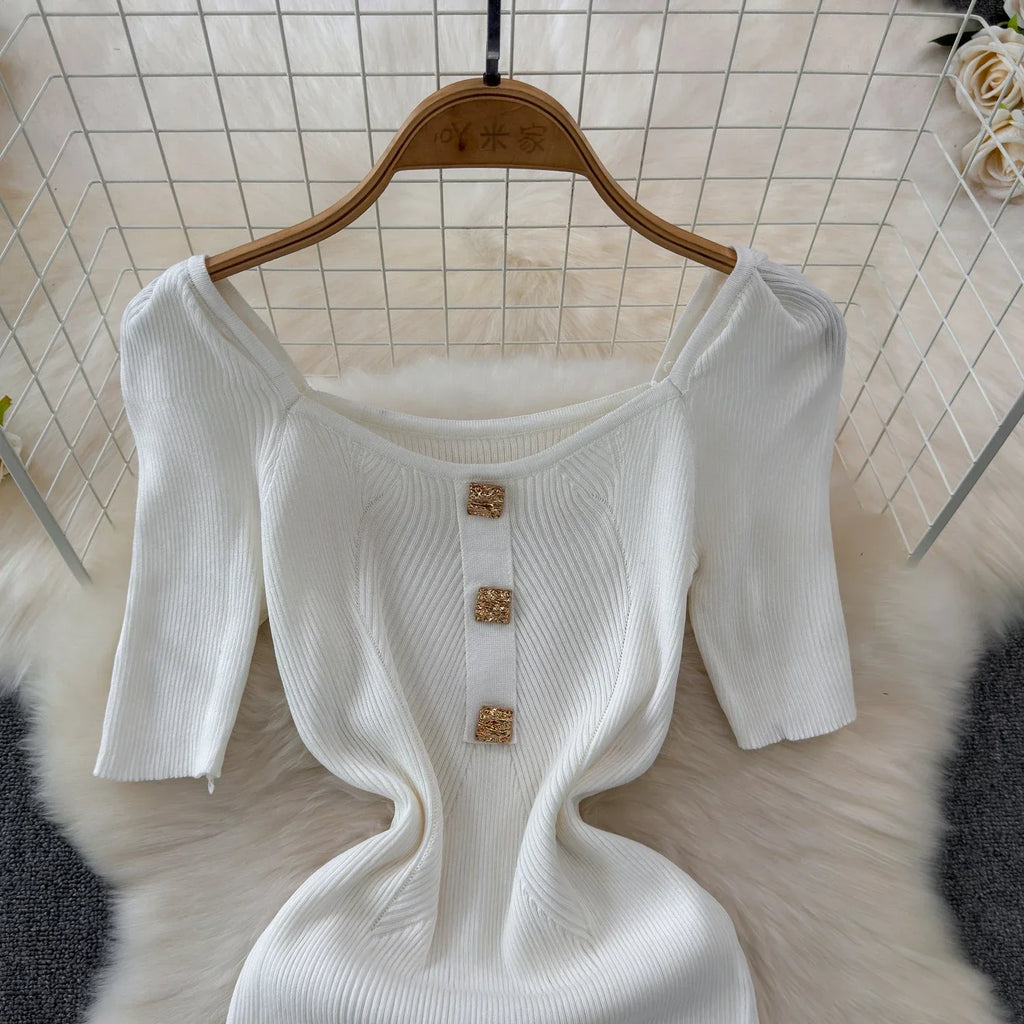 Knitted Bodycon Dress Women Square Collar Summer Long Dress