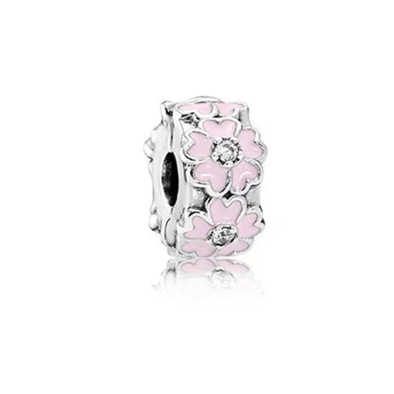 Sparkling Pink Cherry Blossom Daisy Charm Beads for 925 Silver Bracelet DIY Women's Jewelry Gifts
