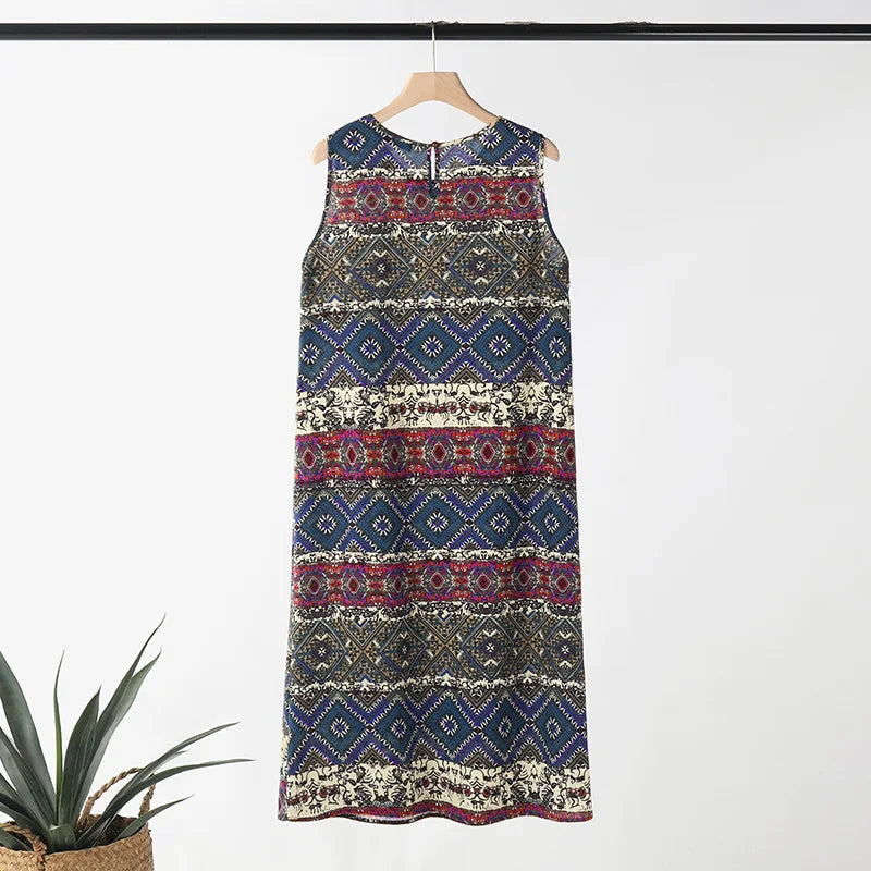 Bohemian Floral Print Sleeveless Midi Dress For Summer