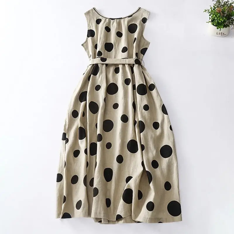 Polka Dot Kaftan Dress For Women Belted Waist Sleeveless