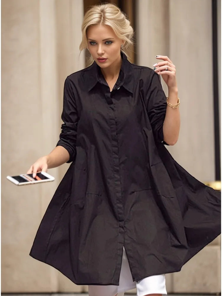 White Casual Loose Blouse for Women Mid Length Long Sleeve Autumn Winter Top Soft Comfortable Korean Fashion