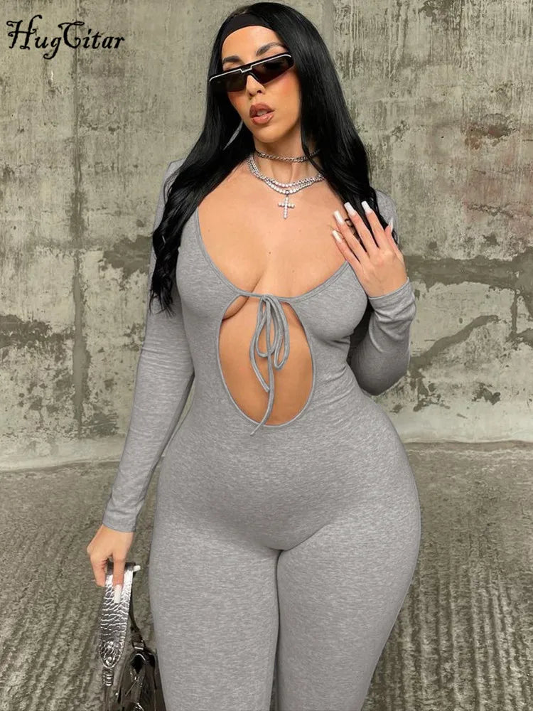 Solid V Neck Long Sleeve Hollow Out Lace Up Sexy Bodycon Jumpsuit Women's Fashion Streetwear Sporty Romper Overalls for Fall