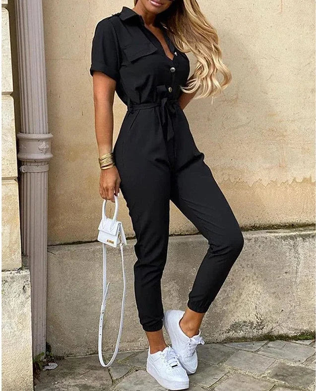 Casual Chic Overalls for Women Lapel Lace-Up Print Belted Work Jumpsuit One-Piece Bodysuit Elegant Long Sleeve Jumpsuit with Stylish Fit