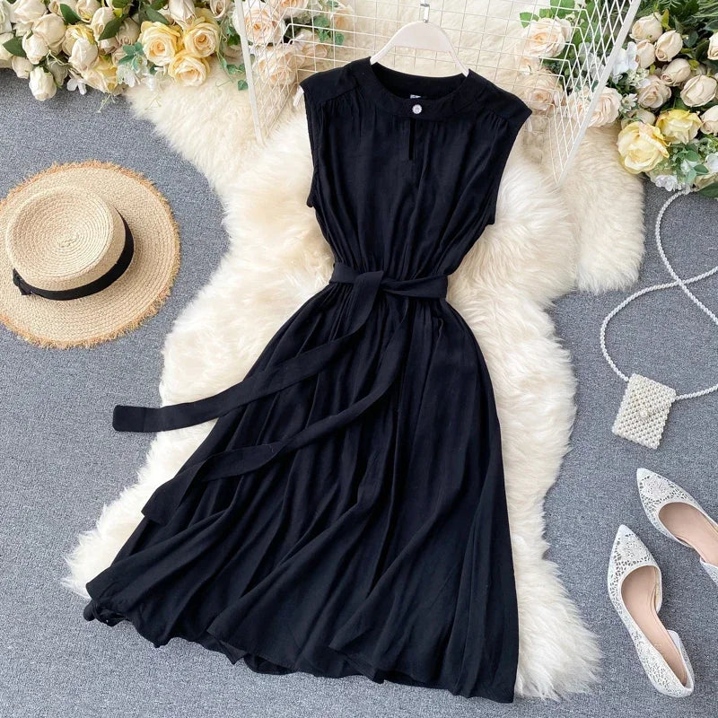 Sleeveless Summer Dress Solid Colors Green Blue Yellow Casual