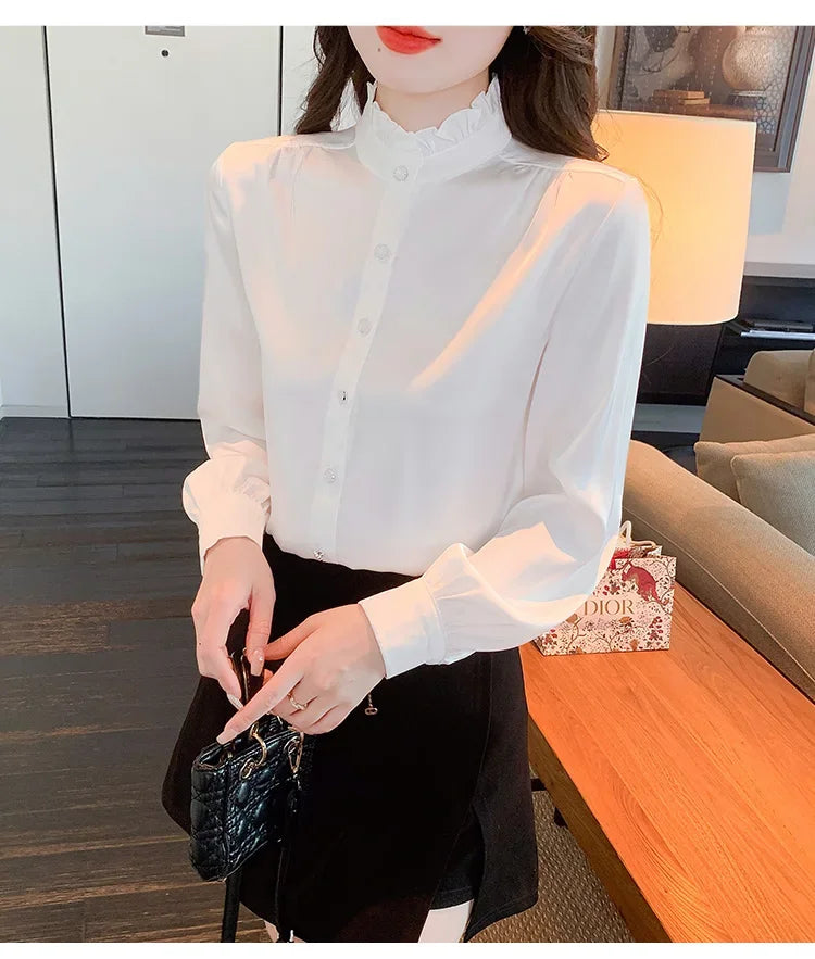Women's Elegant Long Sleeve Chiffon Blouse with Stand Collar Lightweight White Shirt Top