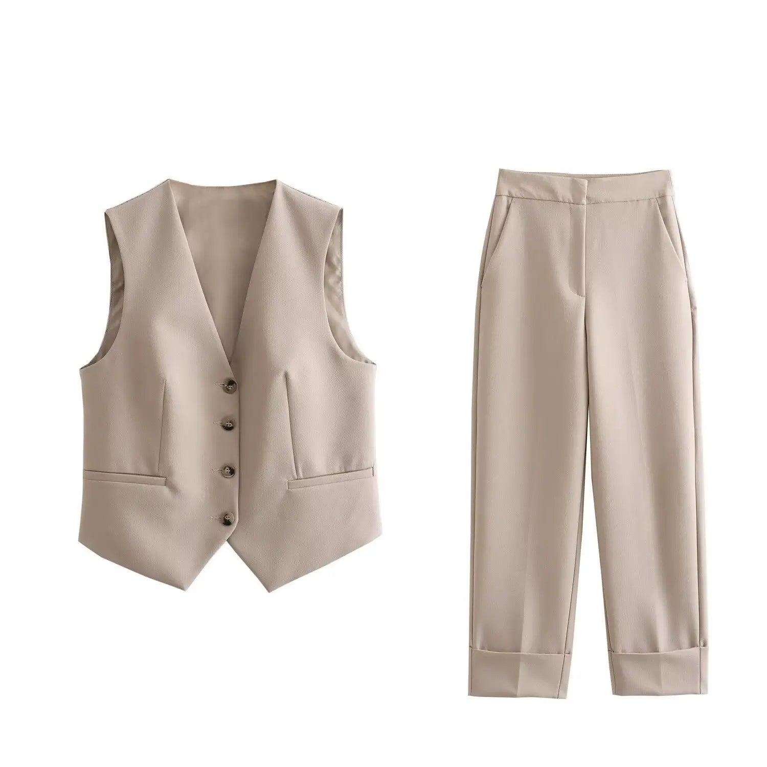 Khaki Women's Suit Set with High Waisted Straight Leg Pants and Fashion Vest