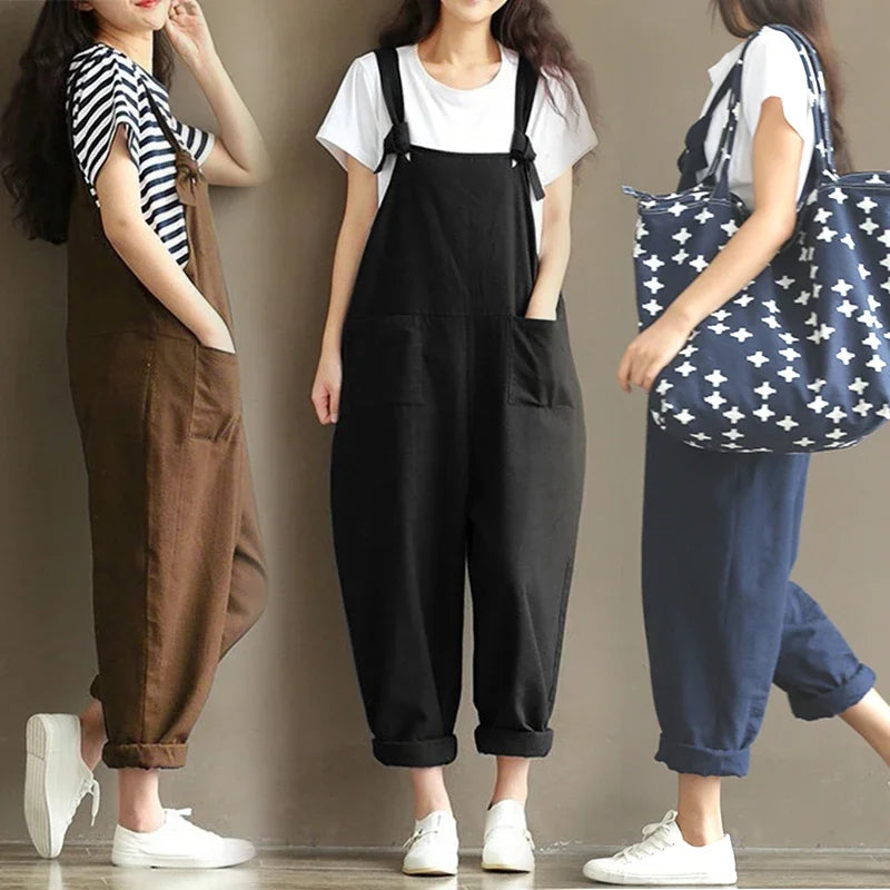 Casual Loose Fit Solid Strap Jumpsuit with Pockets Women's Plus Size Harem Dungaree Overalls 5XL