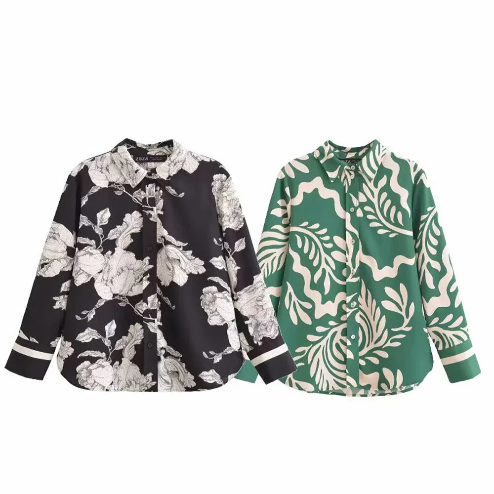 Casual Fashion Printed Collar Long Sleeve Shirt and Drawstring Pants Set for Women