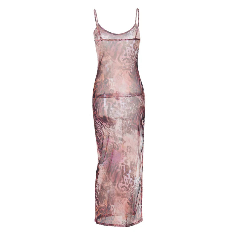 Leopard Print Mesh Maxi Dress Backless Slit See Through