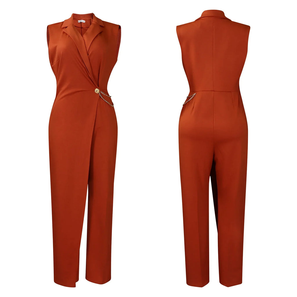 Elegant Sleeveless Jumpsuit with Turn Down Collar High Waisted V Neck Straight Leg Romper for Women Birthday Party Overalls