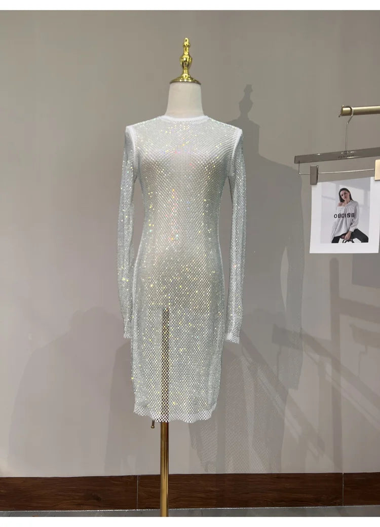 See Through Rhinestone Dress Round Neck Long Sleeve