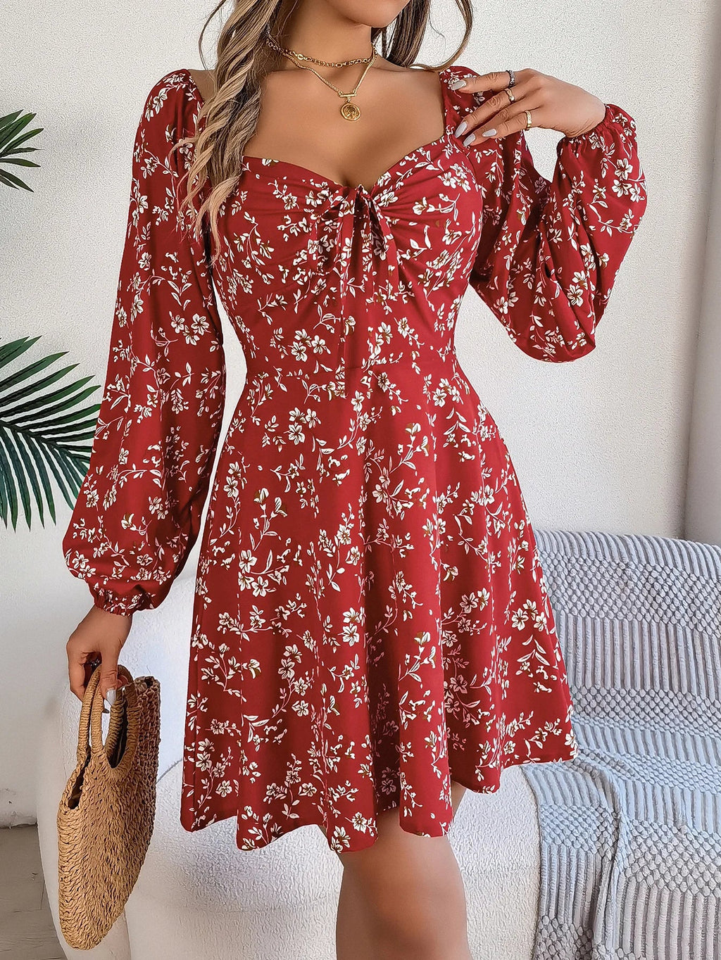 Floral Print Square Neck Dress With Long Sleeve Lace Up