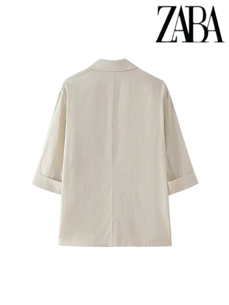 Women's Office Suit Set with Double Breasted Lapel Top and Wide Leg Pants in Solid Color