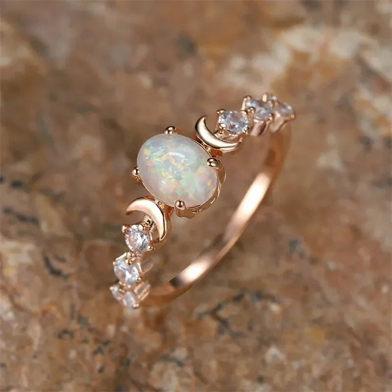 Blue and White Imitation Opal Moon Ring for Women Aesthetic Wedding Accessories Statement Jewelry Gift