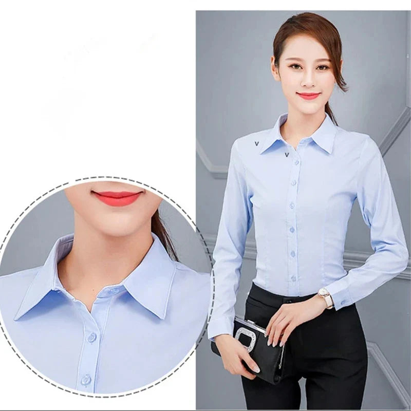 Women's Classic White and Pink Long Sleeve Shirts Elegant Blouses Basic Casual Tops for Ladies