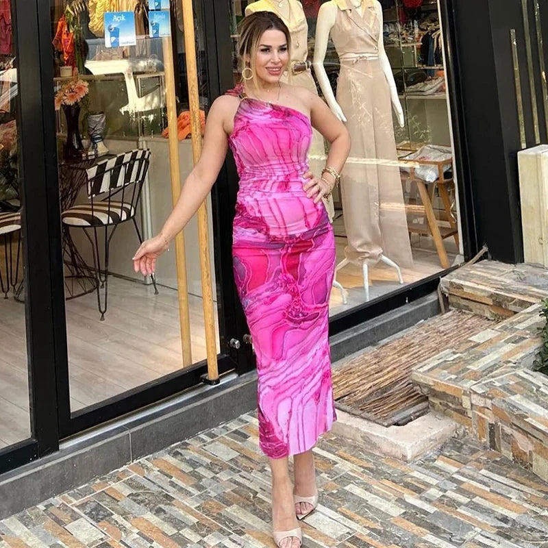 One Shoulder Backless Gradient Print Dress For Party