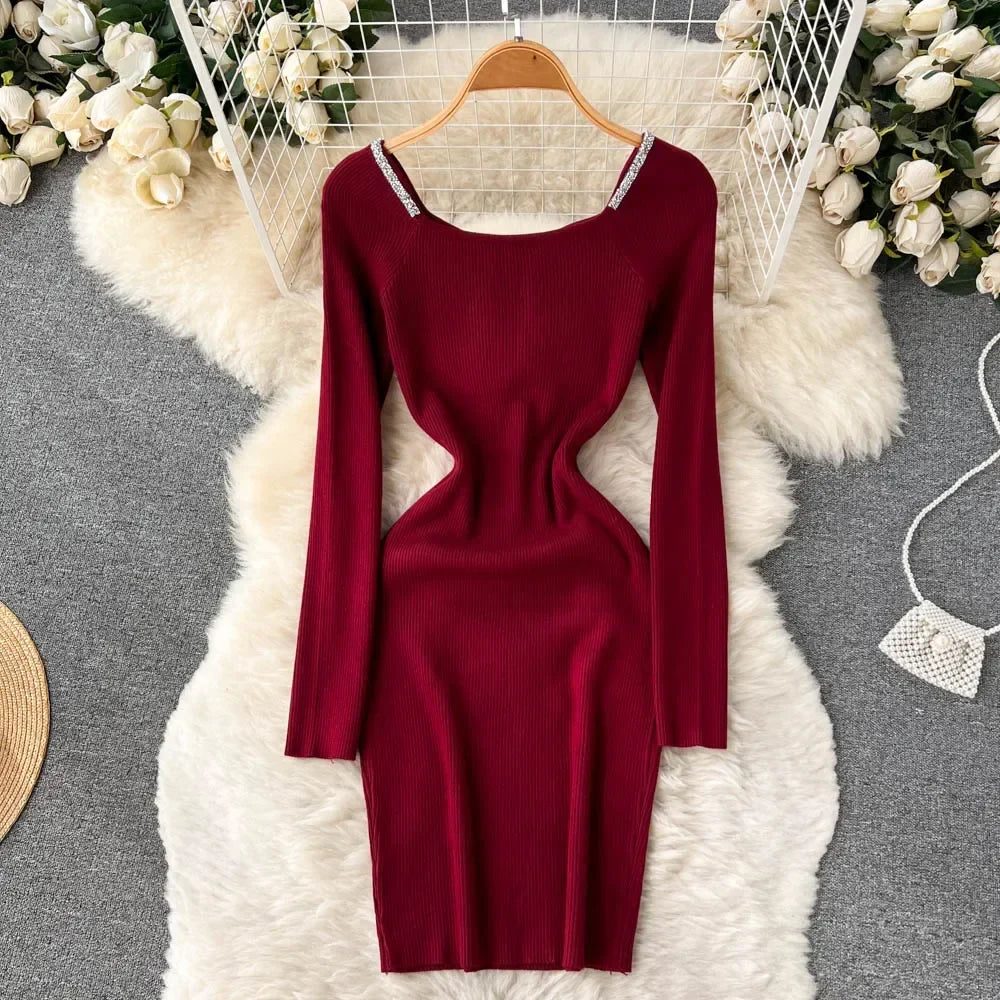 Knit Bodycon Dress For Women Long Sleeve Winter Sweater