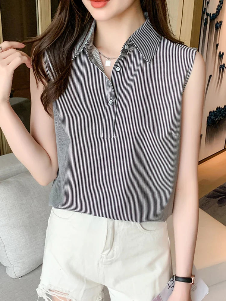 Sleeveless Casual Striped Blouse for Women Lightweight Office Blouse Basic Summer Top with Comfortable Fit