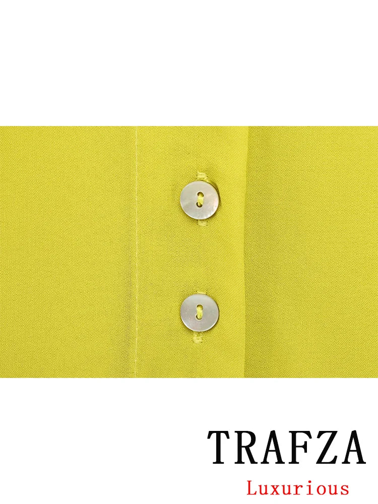 Yellow Chiffon Loose Fit Long Sleeve Shirt for Women with Bow Tie and Button Detail Casual Office Blouse