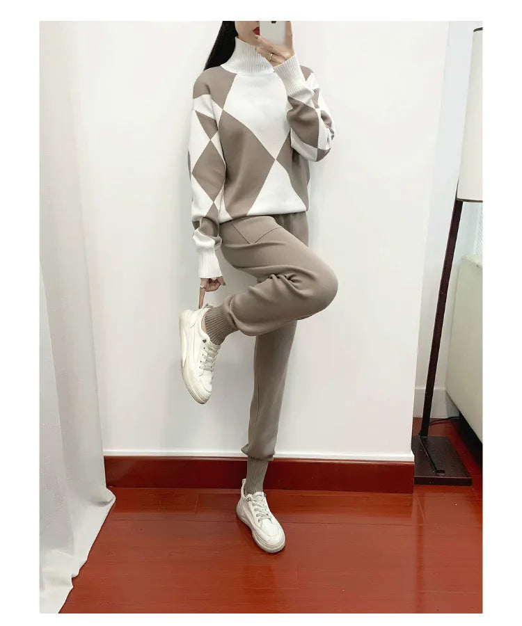 Women's Thick Soft Knitted Sweater and Long Pant Set Casual 2PCS Track Suit for Autumn and Winter