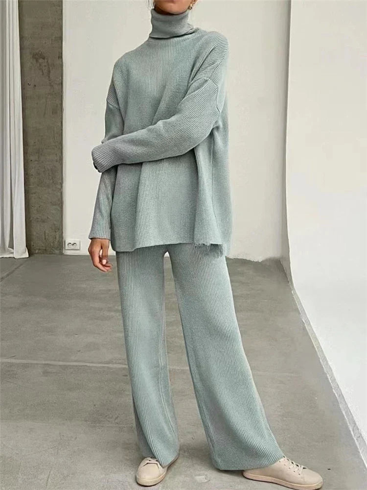 2 Pieces Women Knitted Tracksuit Set with Turtleneck Sweater and Wide Leg Jogger Pants Pullover Lounge Outfit