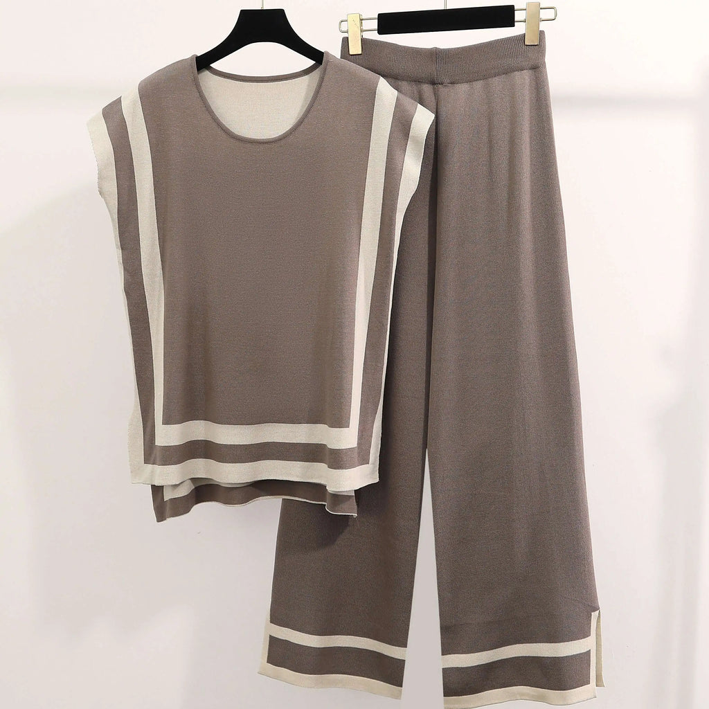 Women Casual Striped Sweater Pant Set Autumn Winter Knitted Short Sleeve Tops and Elastic Sweater Pants