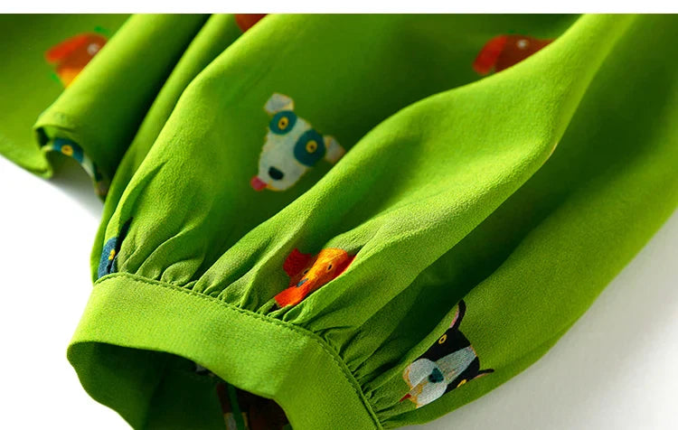 Women Shirt 100 Percent Mulberry Crepe Silk Green Lantern Sleeve Blouse with Cartoon Button Detail