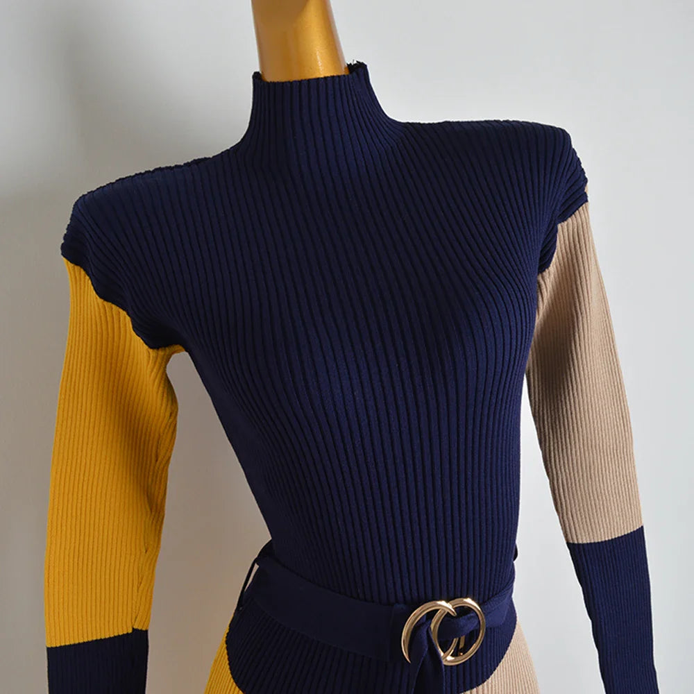 Fall Winter Knit Wrap Dress With Belt Long Sleeve Pencil