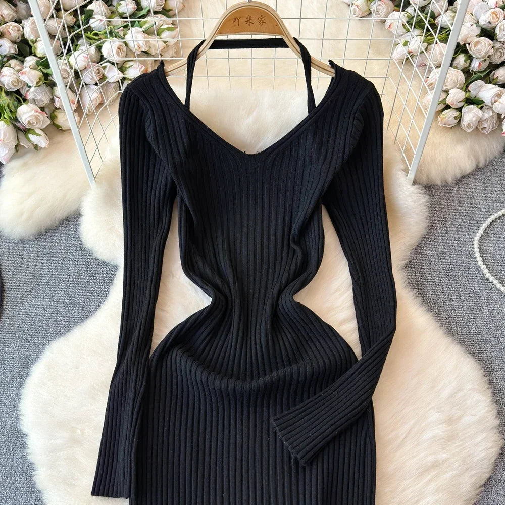 White Long Sleeve V Neck Lace Up Elegant Dress For Women