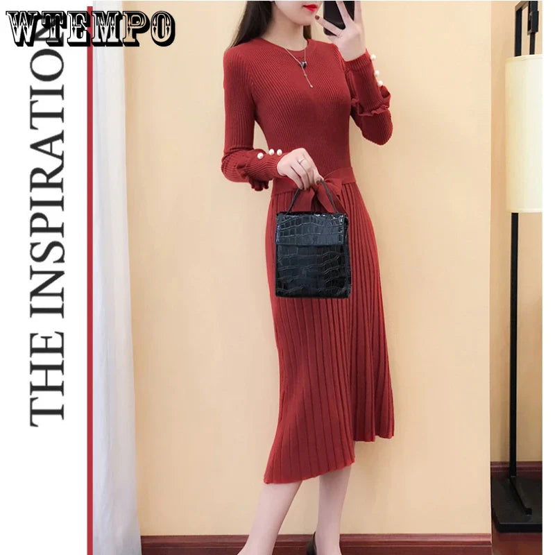 Korean Style Belted Knit Sweater Dress With Long Sleeve
