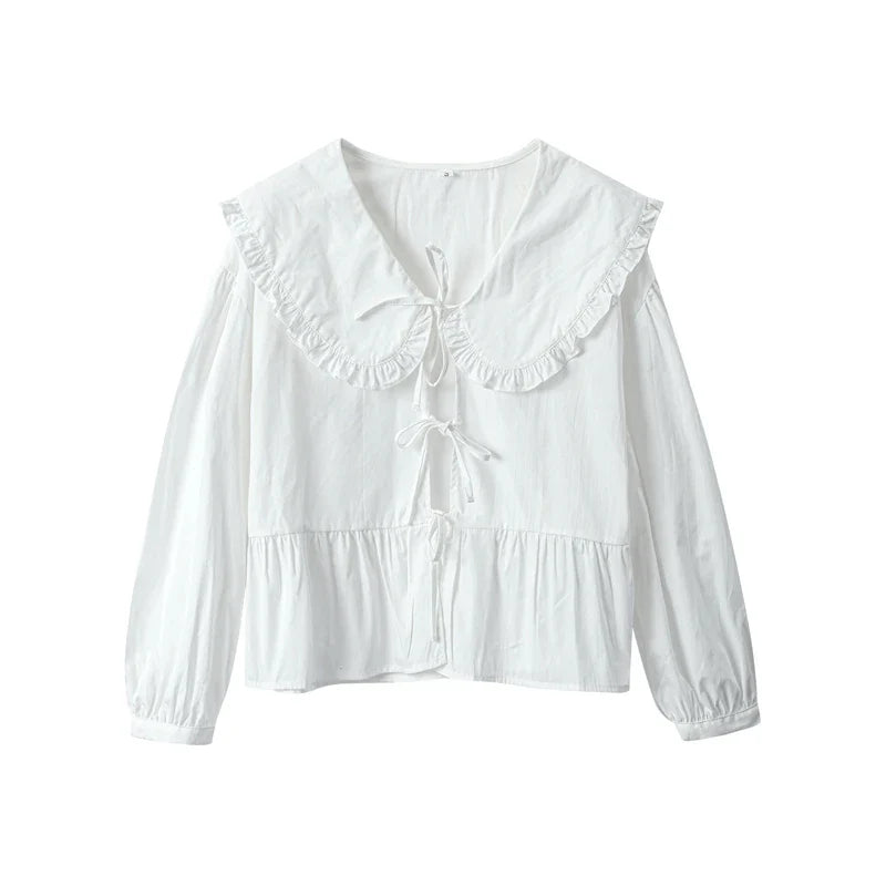 Women's Sweet Solid White Blouse with Front Bow Lace-Up Long Sleeves Elegant Casual Summer Top