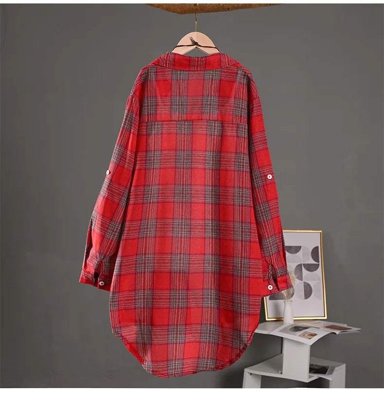 Women's Lightweight Cotton Linen Plaid Shirt Mid-Length Loose Jacket with Sun Protection for Spring and Summer Outerwear