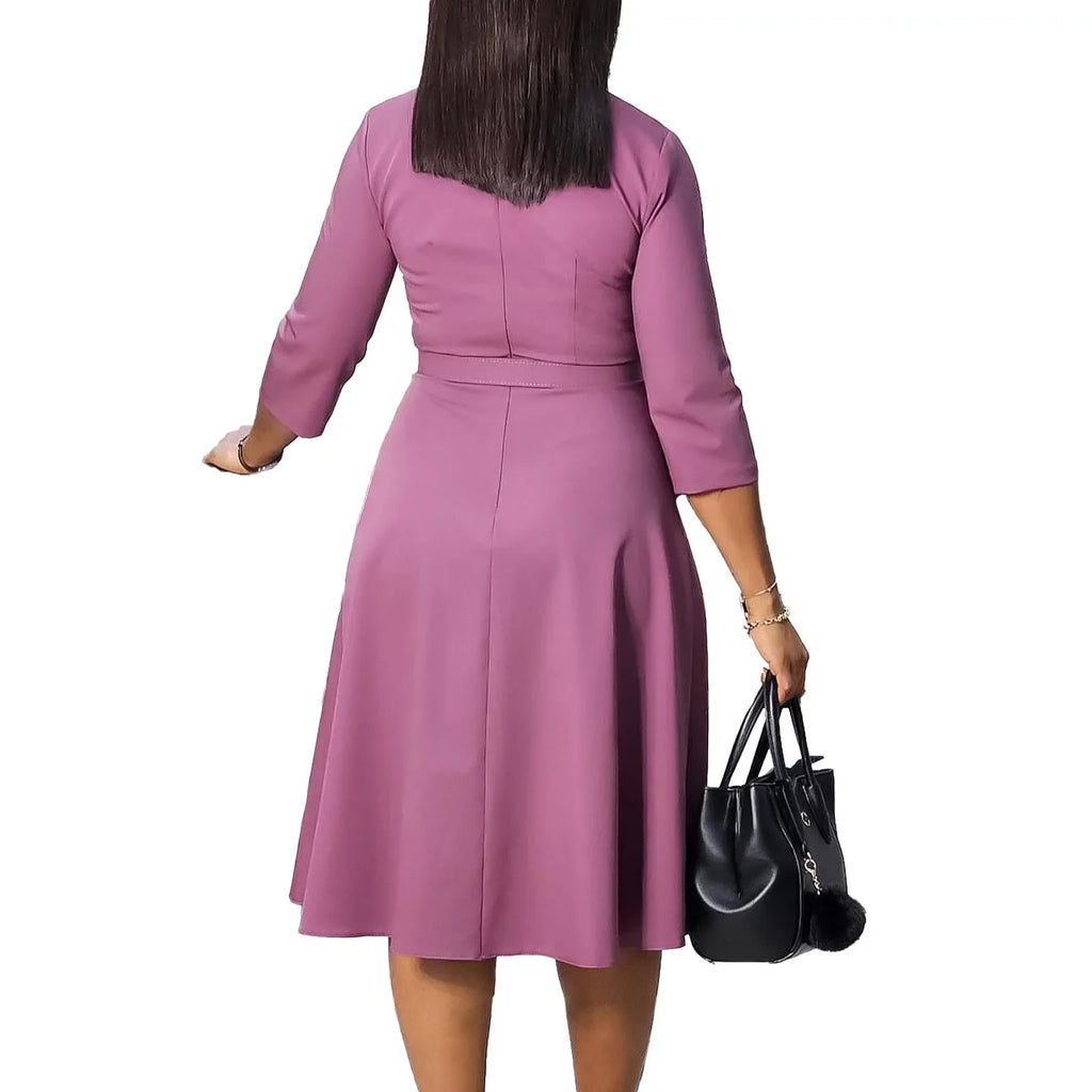 V Neck Office Dress For Women Belted Pleated Mid Calf