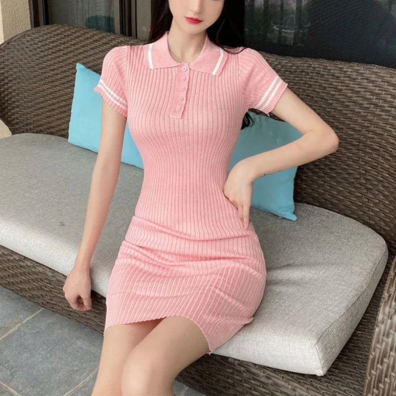 Preppy Style Cotton Knit Dress Turn Collar Short Sleeve