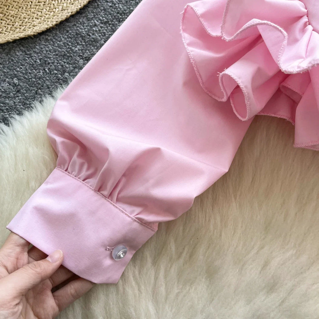 Women's 3D Floral Long Sleeve Blouse Single Breasted Turn-Down Collar Slim Fit Solid Color Shirt